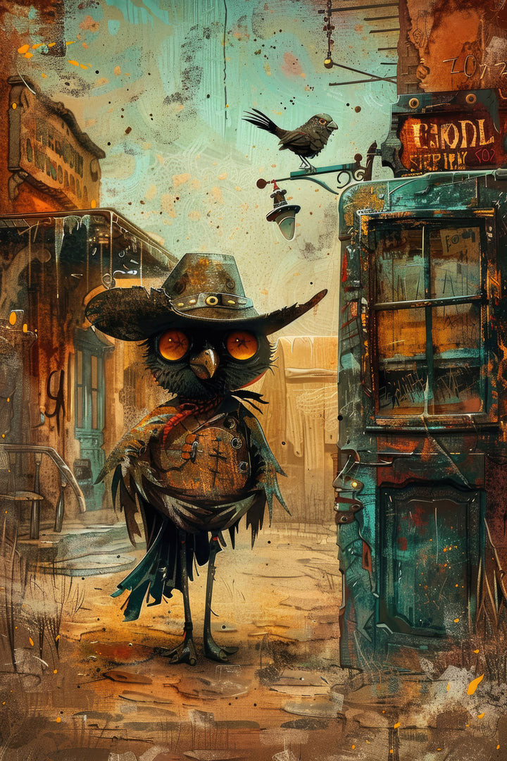 Wadi Home Whimsical Owl Cowboy art print, featuring a cartoon owl in a cowboy hat and vest on a western town street.