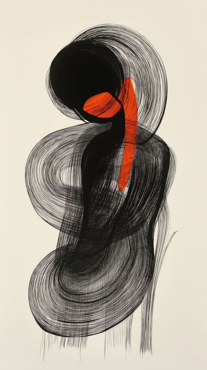 Wadi Home abstract wall art with black brushstrokes and an orange accent on a cream background.