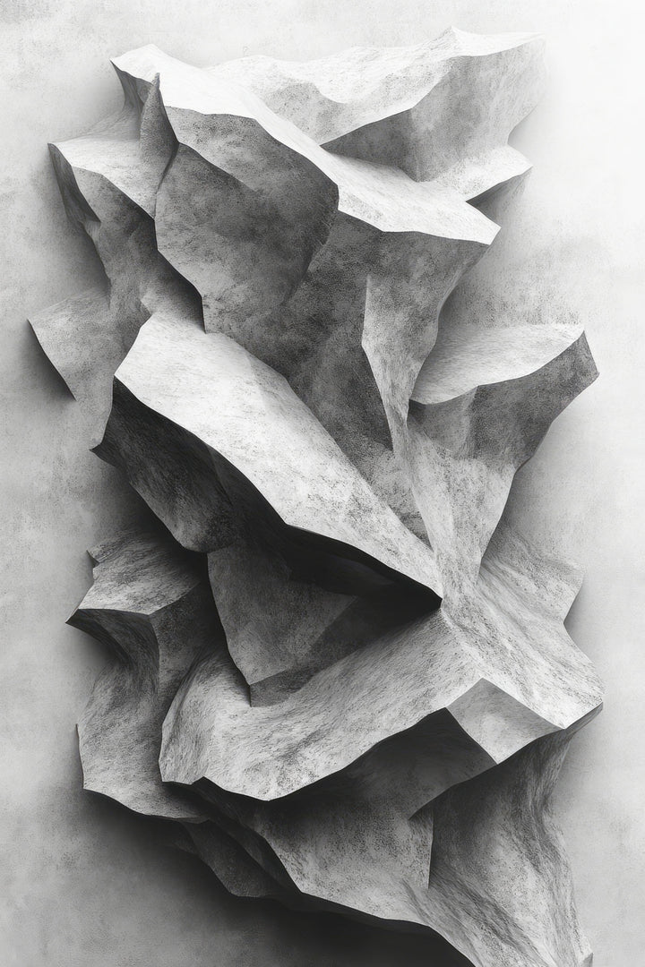 Wadi Home abstract monochromatic stone formation wall art with textured, geometric shapes and dramatic shadows.
