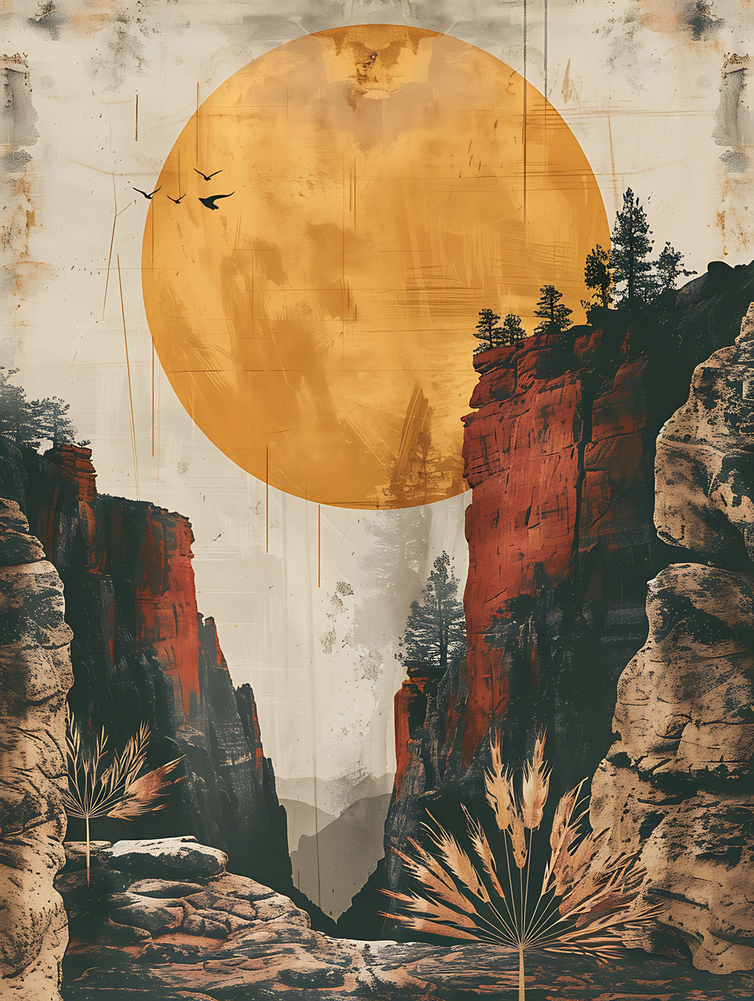 Wadi Home abstract landscape art print featuring a large orange sun over a canyon with red rock formations and silhouetted trees.