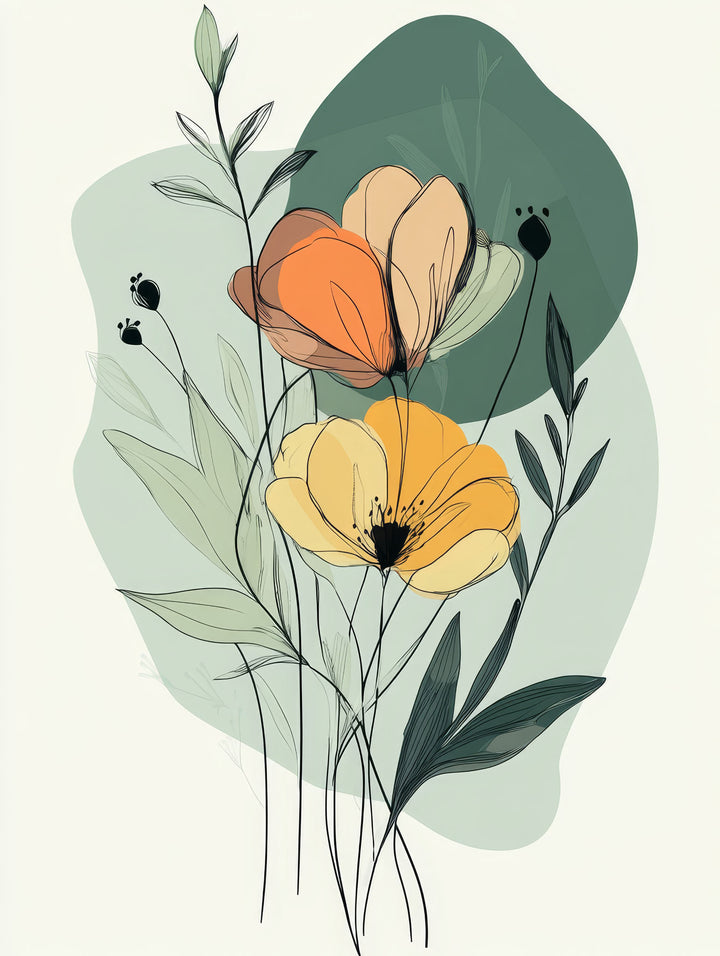 Wadi Home abstract floral botanical line art with orange and yellow flowers and green foliage.