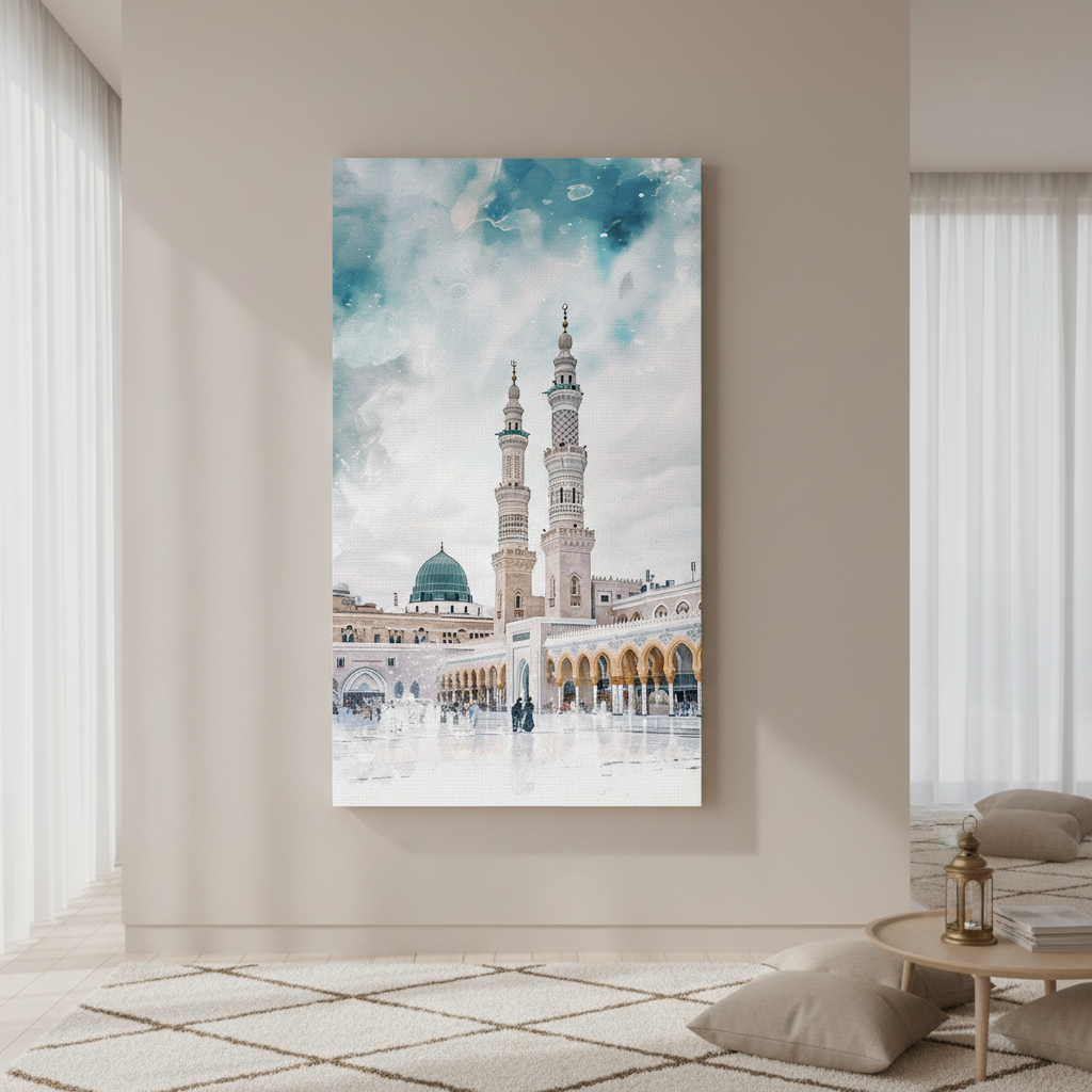 ProphetÃƒÂ¢Ã¢â€šÂ¬Ã¢â€žÂ¢s Mosque Medina canvas wall art with green dome and minarets in MDF frame
