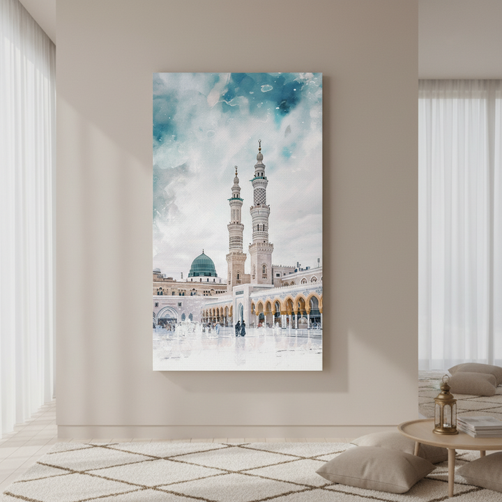 ProphetÃƒÂ¢Ã¢â€šÂ¬Ã¢â€žÂ¢s Mosque Medina canvas wall art with green dome and minarets in MDF frame