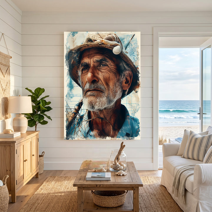 Wadi Home weathered fisherman portrait art print, featuring a close-up of an elderly man with a straw hat adorned with seashells. Blue and beige tones.