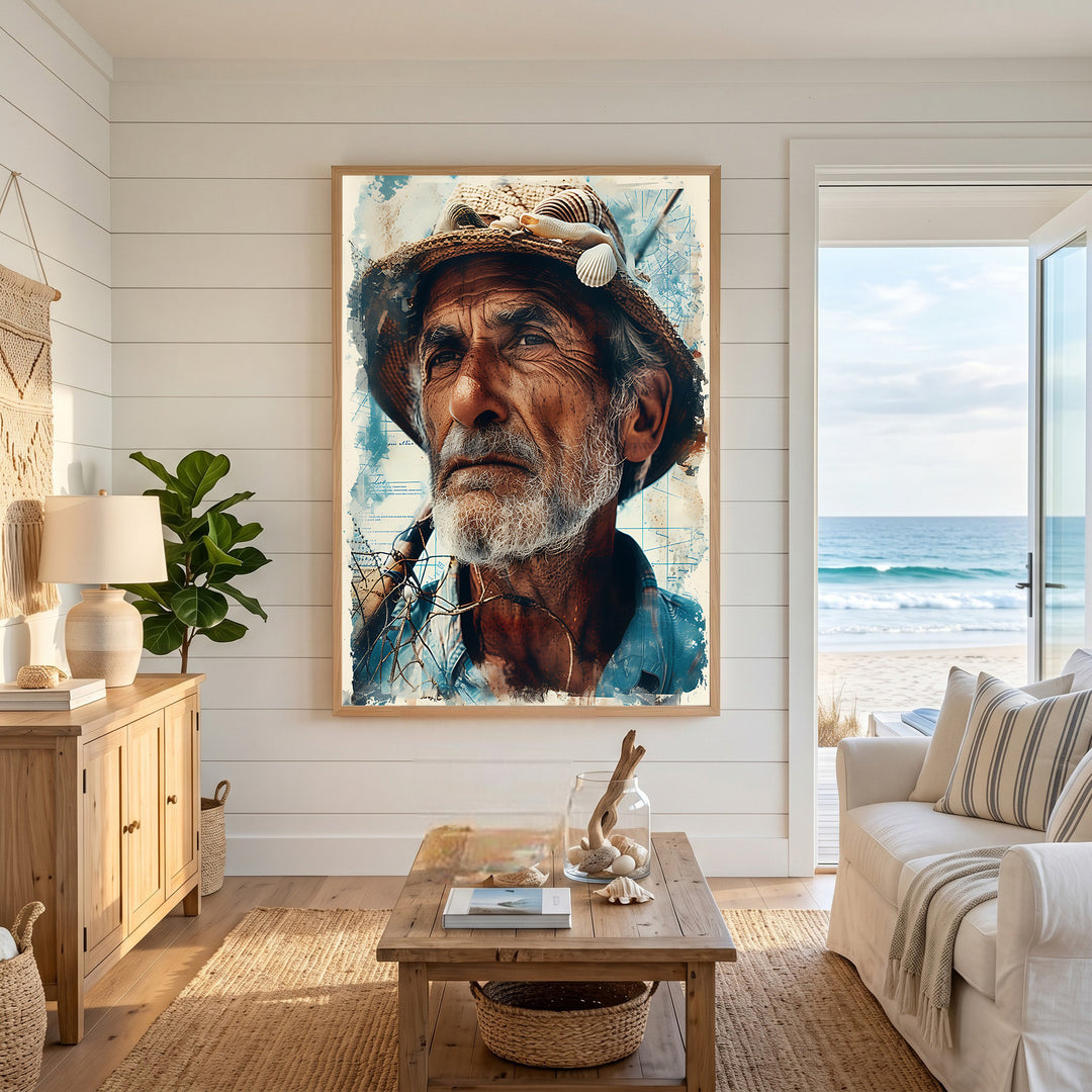 Wadi Home weathered fisherman portrait art print with seashells on hat, set against nautical charts.