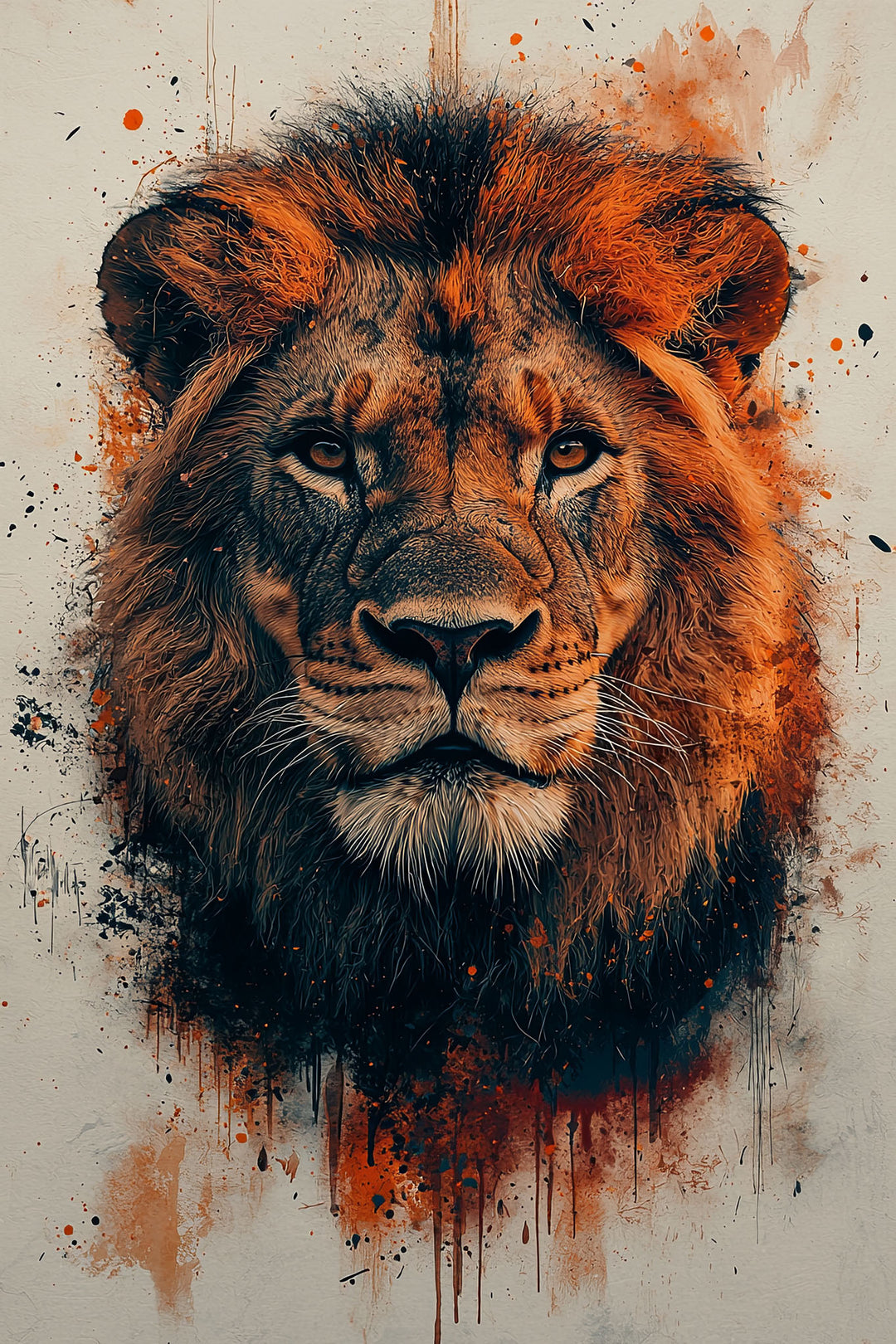 Wadi Home abstract watercolor lion portrait wall art in orange, black, and brown with paint splatters.