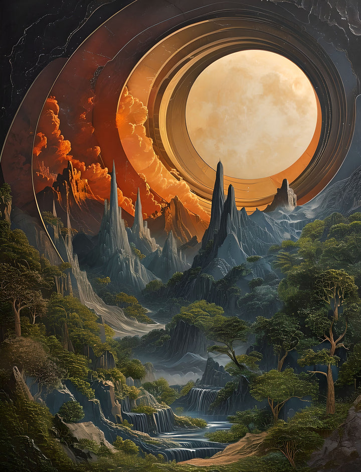 Wadi Home cosmic landscape print featuring a ringed planet over alien mountains, forests, and waterfalls. Vibrant orange sky contrasts with blue and green terrain.