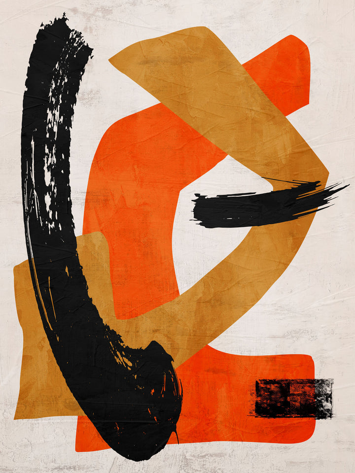 Wadi Home abstract brushstroke wall art with bold orange, ochre, and black strokes on textured neutral background.
