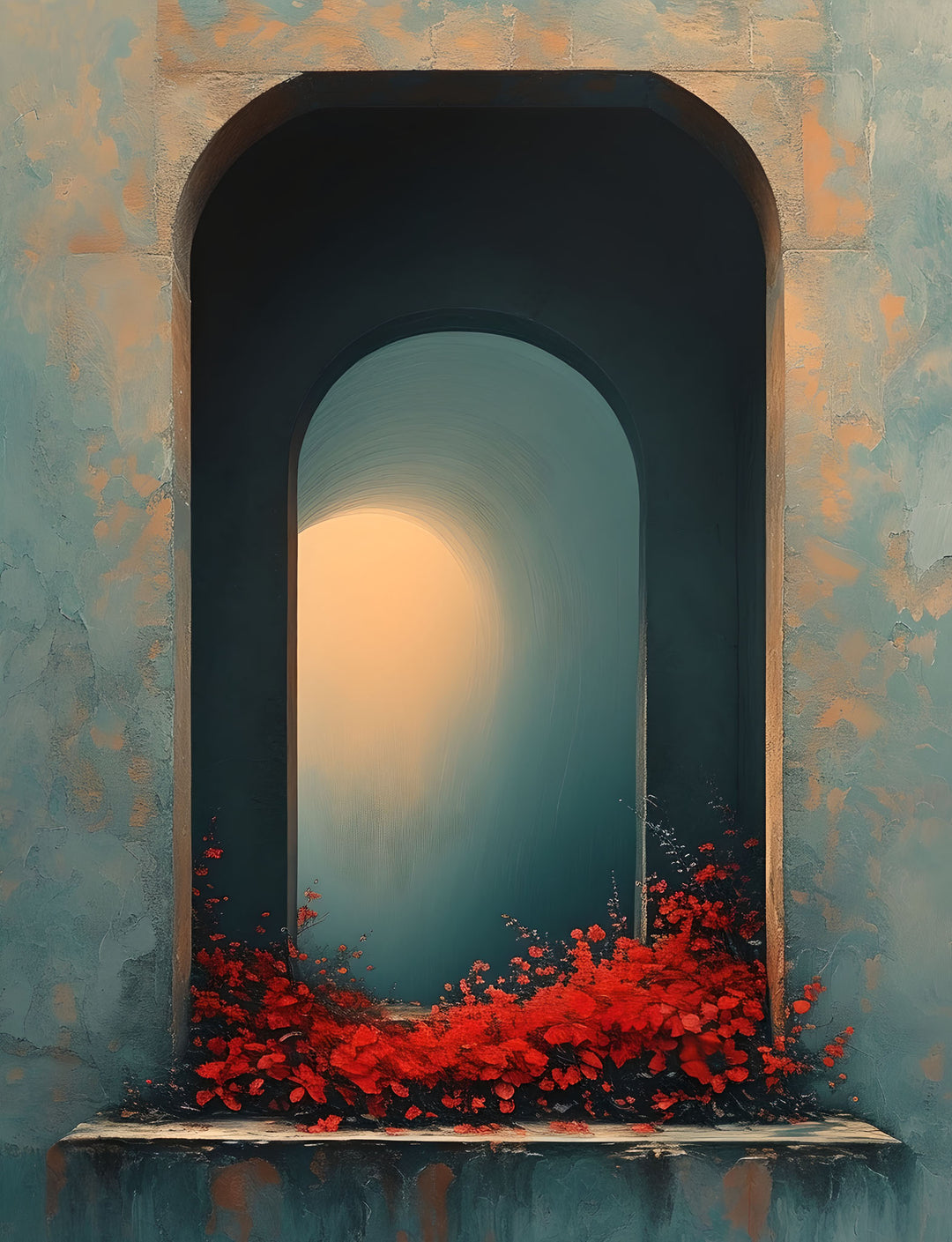Wadi Home Archway with blooming red flowers wall art, textured teal and gold frame, Mediterranean style.