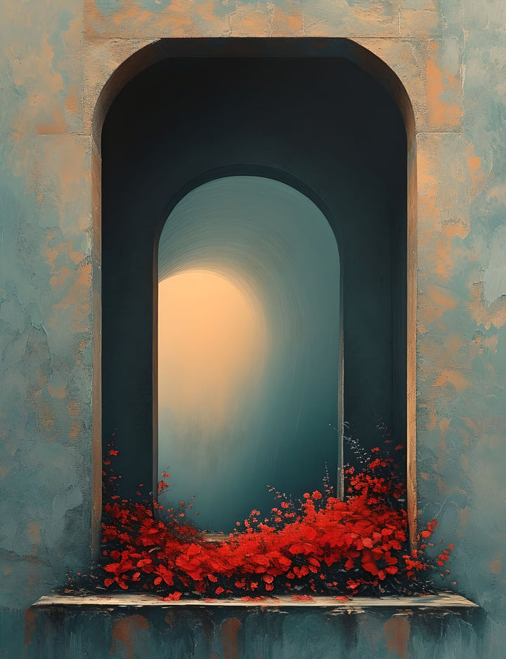 Wadi Home Archway with blooming red flowers wall art, textured teal and gold frame, Mediterranean style.