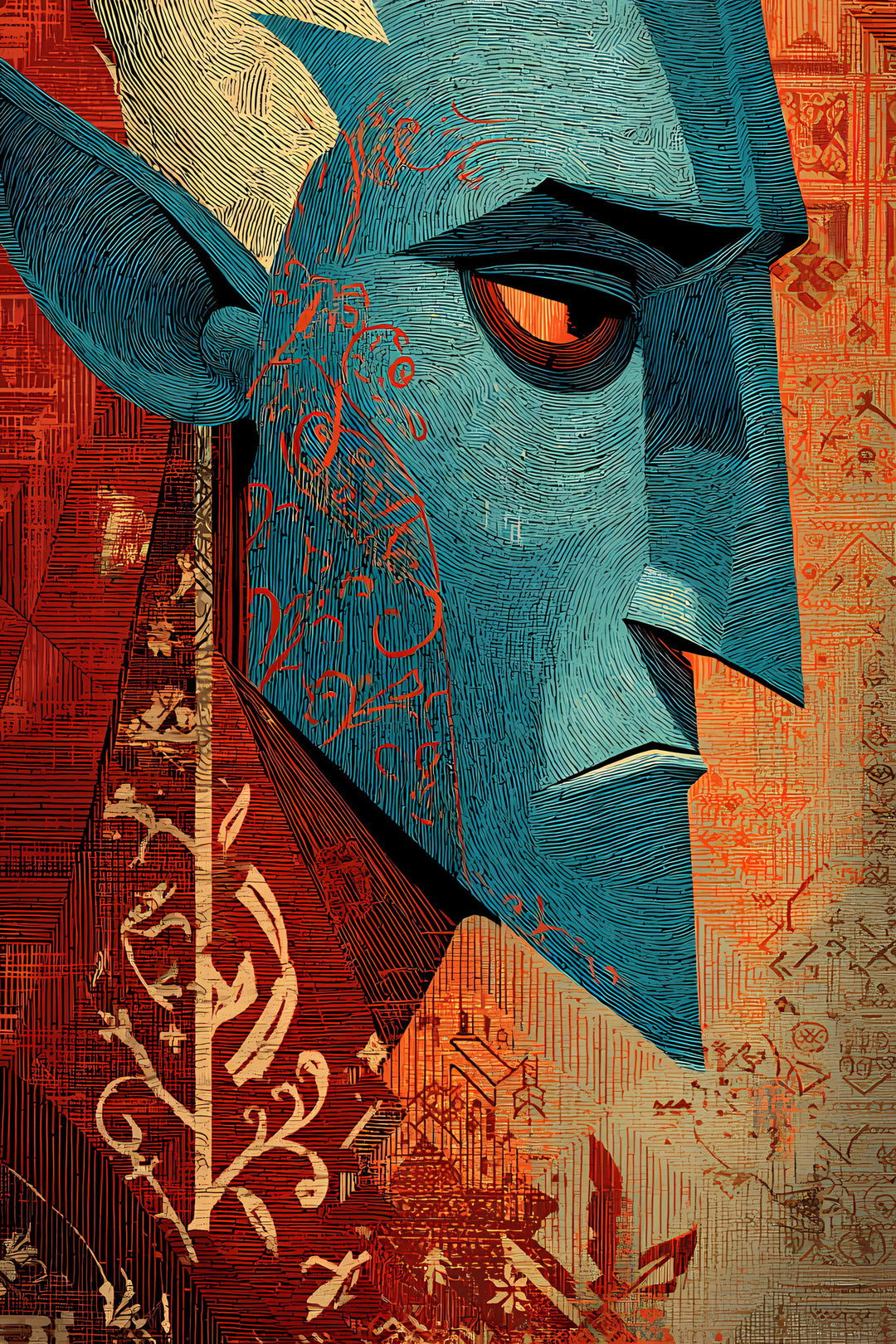 Wadi Home abstract portrait wall art featuring a blue-faced figure with red and gold accents. Detailed linework and textured background.