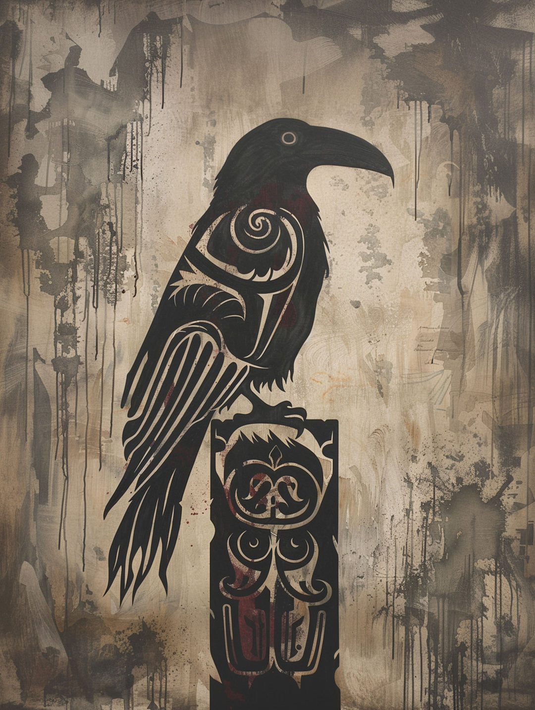 Wadi Home Tribal Raven Wall Art featuring a black raven silhouette with tribal patterns on an abstract, textured background in earthy tones.