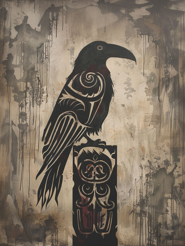 Wadi Home Tribal Raven Wall Art featuring a black raven silhouette with tribal patterns on an abstract, textured background in earthy tones.