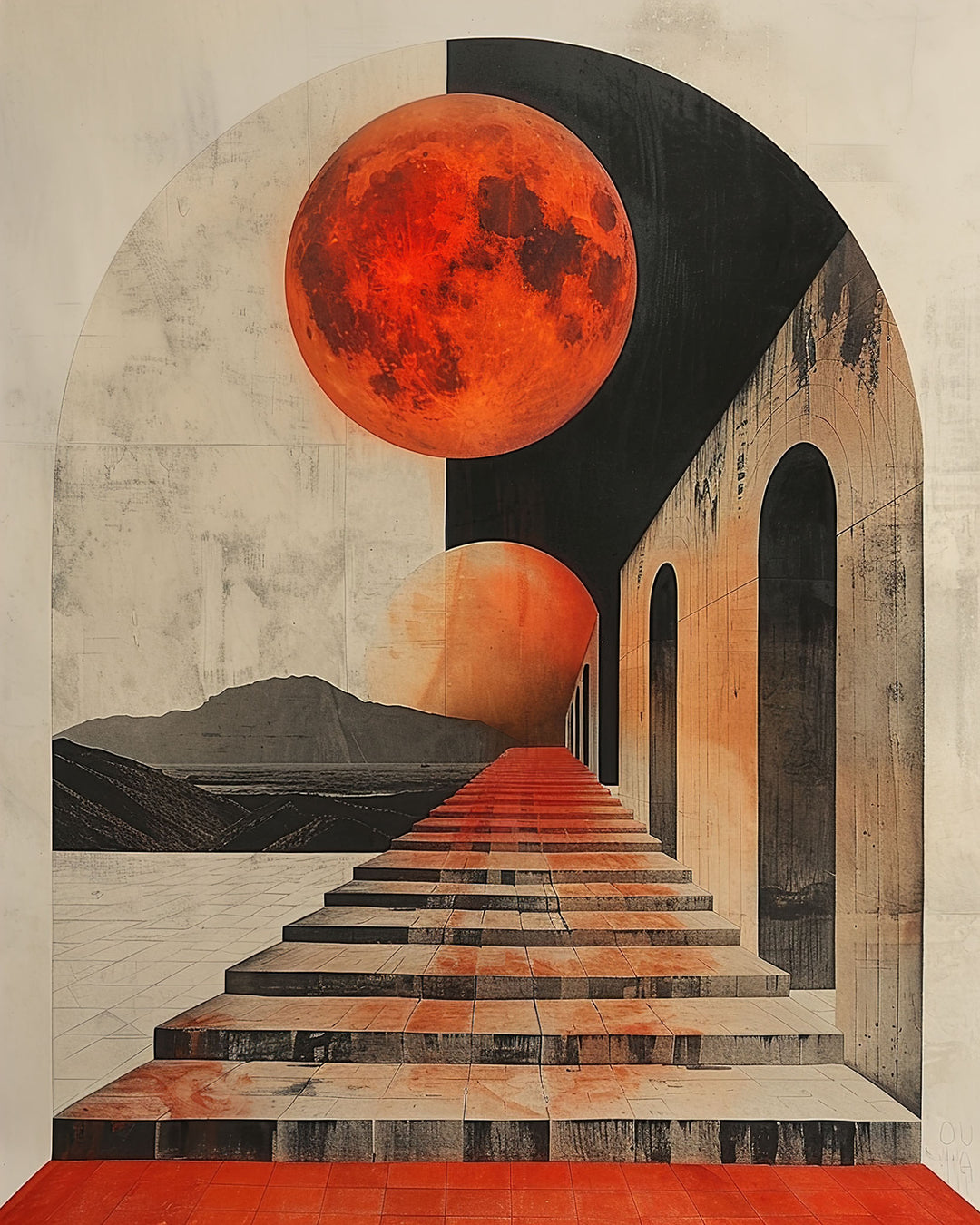 Wadi Home surreal archway print with red moon and stairs, abstract art, modern aesthetic