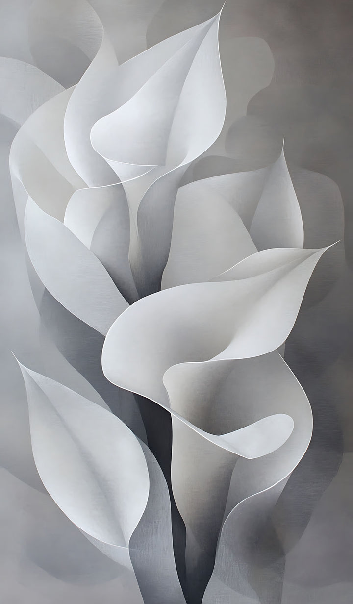 Wadi Home abstract monochrome wall art featuring calla lilies in white and gray, modern floral design.