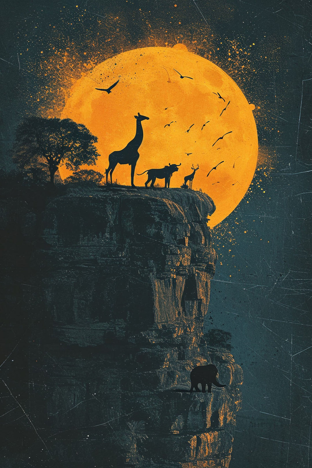 Wadi Home African Wildlife Sunset Silhouette Wall Art featuring giraffes, antelopes, and a bear on a cliff against a large orange moon.