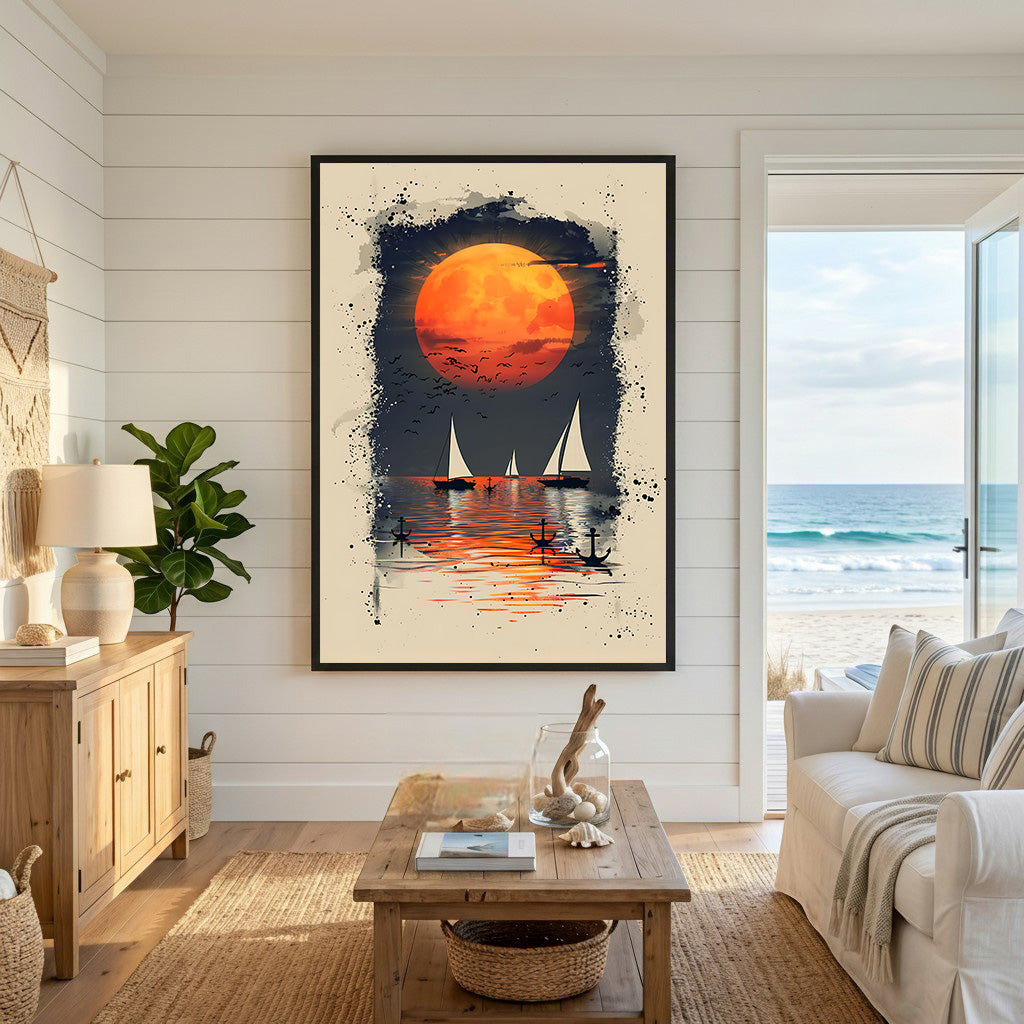 Wadi Home artwork of sailboats under a large orange moon with reflections and splatter effect.