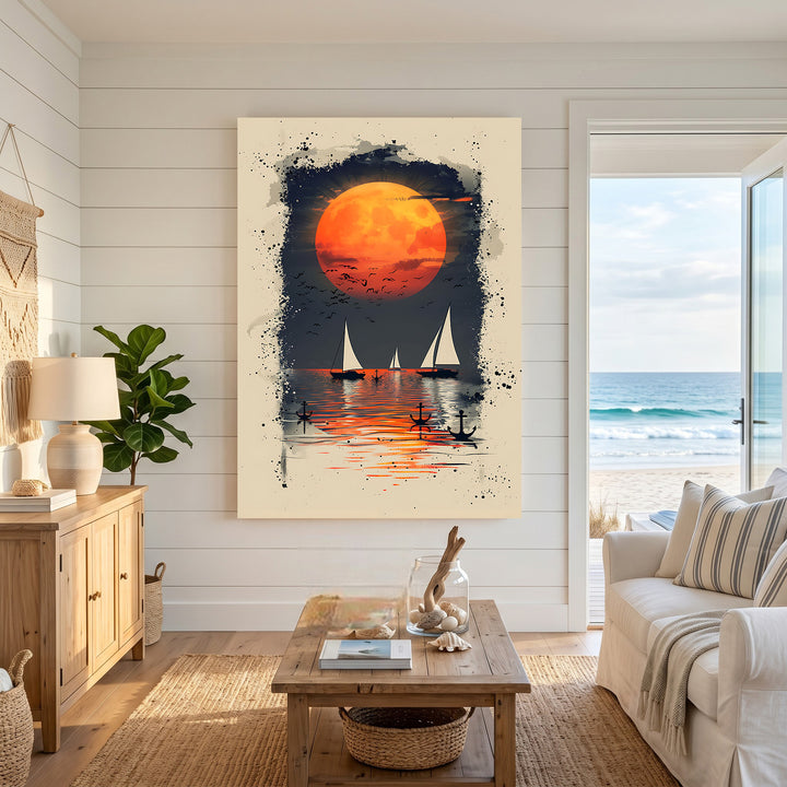 Wadi Home Sailboats under a full orange moon, watercolor splatter effect art. Silhouettes of sailboats and anchors on tranquil water.