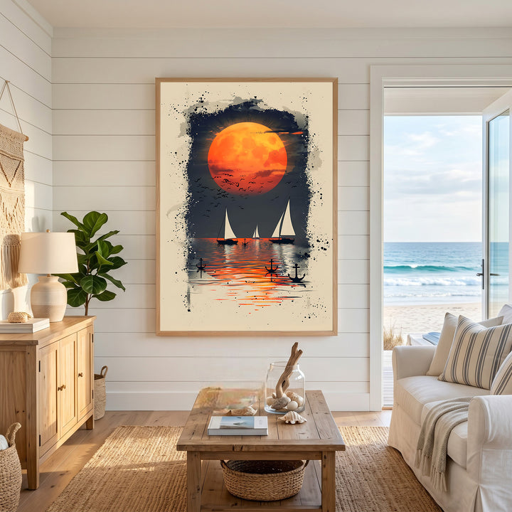 Wadi Home artwork of sailboats under a large orange moon, with reflections on the water and a splatter effect.