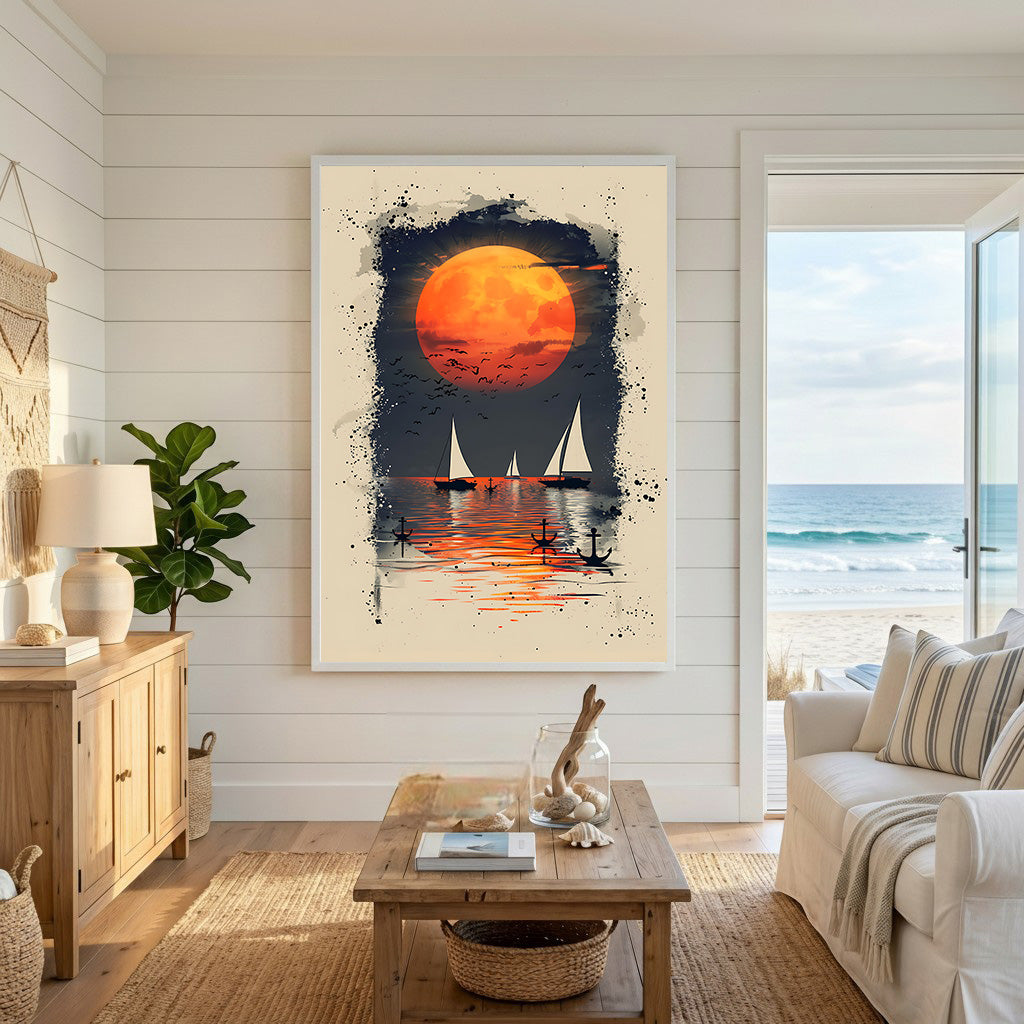 Wadi Home sailboats under a full moon artwork with orange glow on water, splatter effect.