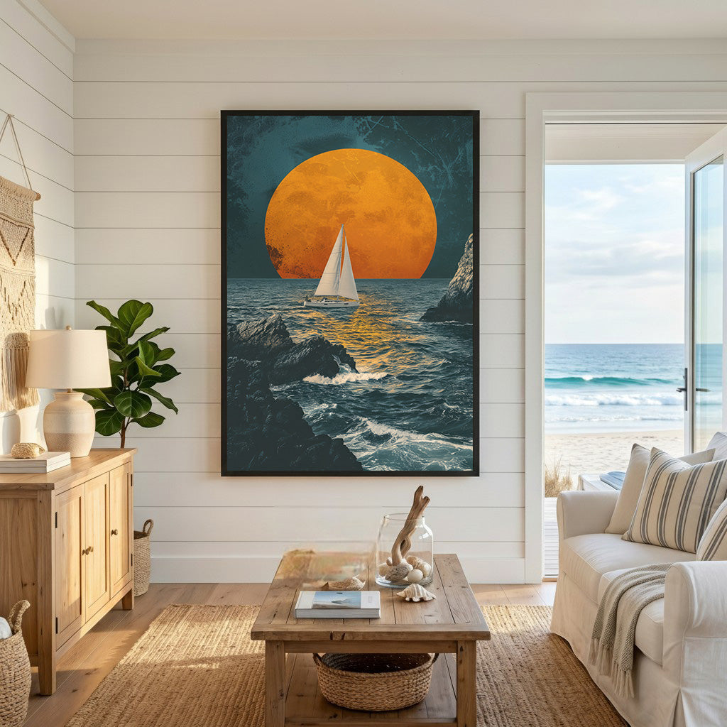 Wadi Home sailboat art print featuring a lone sailboat on choppy seas under a large orange moon, with dark rocks and teal sky.
