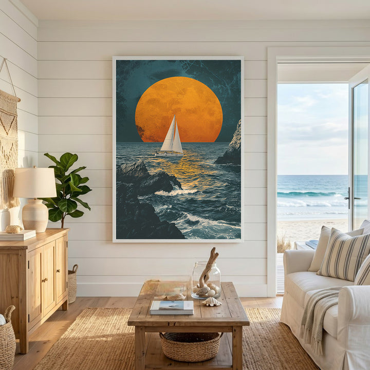Wadi Home sailboat art print featuring a white sailboat on dark, choppy seas under a large, glowing orange moon and teal sky.