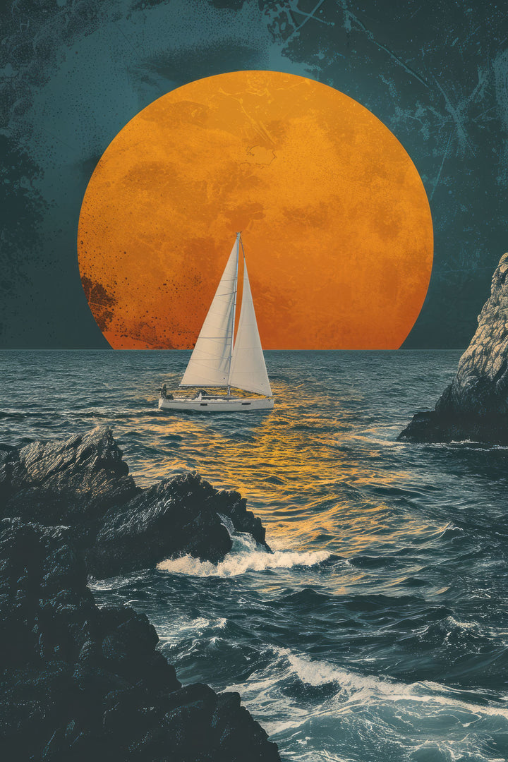 Wadi Home sailboat art: lone sailboat on choppy seas under a large orange moon, dark rocks, teal sky.