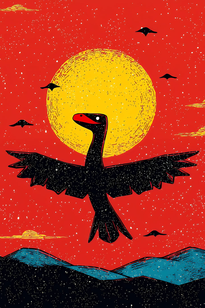 Wadi Home black dinosaur art print with outstretched wings flying under a yellow sun against a red sky.