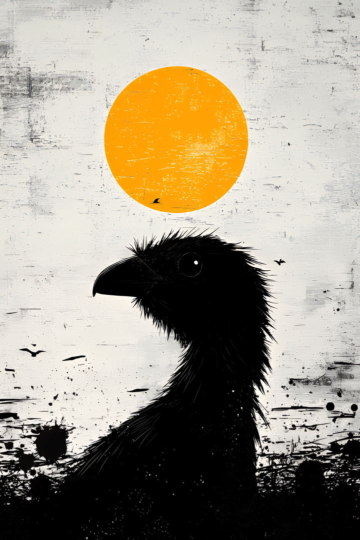 Wadi Home abstract wall art featuring a black bird silhouette against a textured orange sun and white background.
