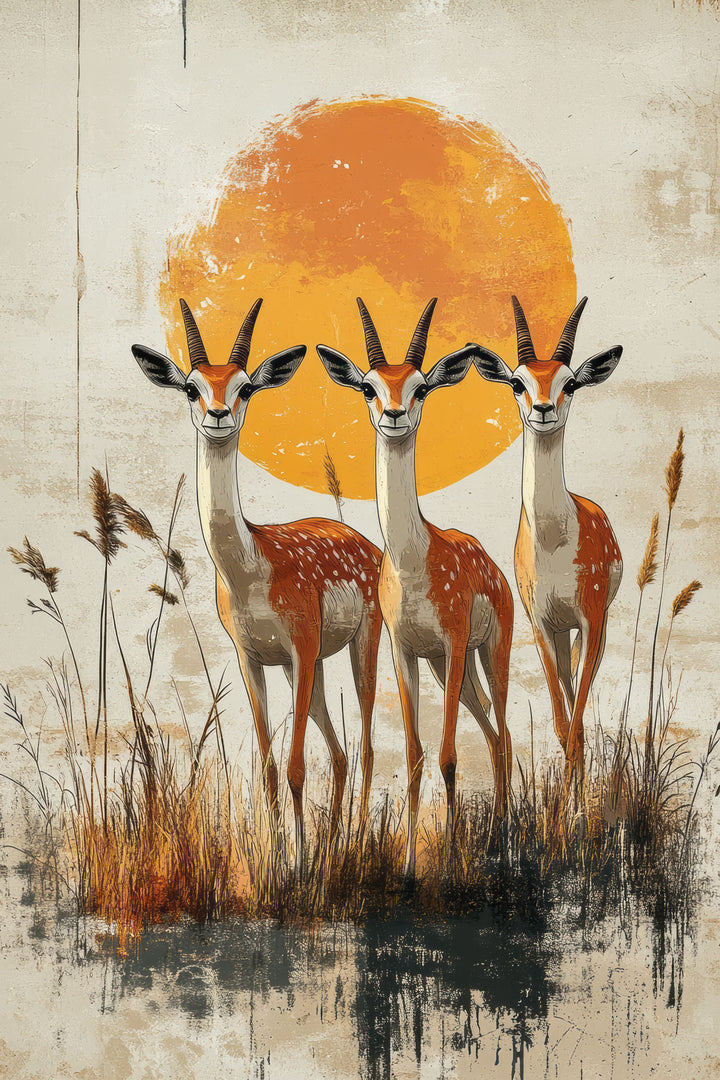Wadi Home canvas print of three gazelles in tall grass with a large orange sun.