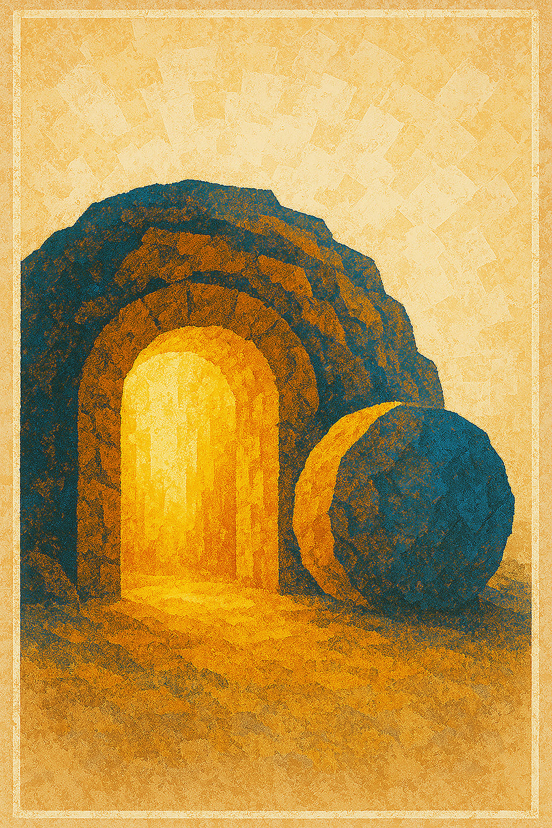 Wadi Home abstract wall art of the Empty Tomb with golden light, blue stone, and textured yellow background.