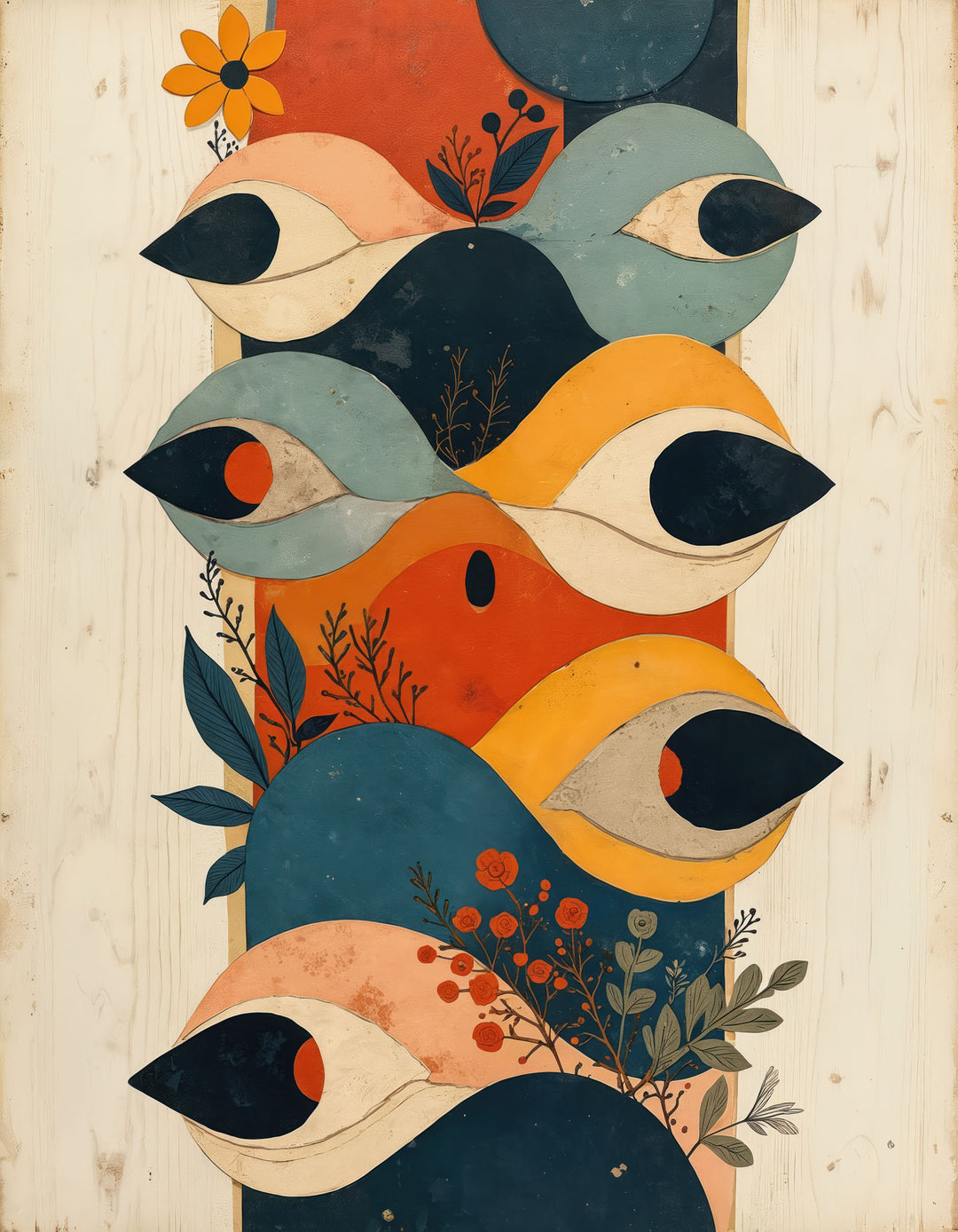Wadi Home abstract eye motif wall art with stacked eyes in warm oranges, blues, and peaches, featuring botanical elements.