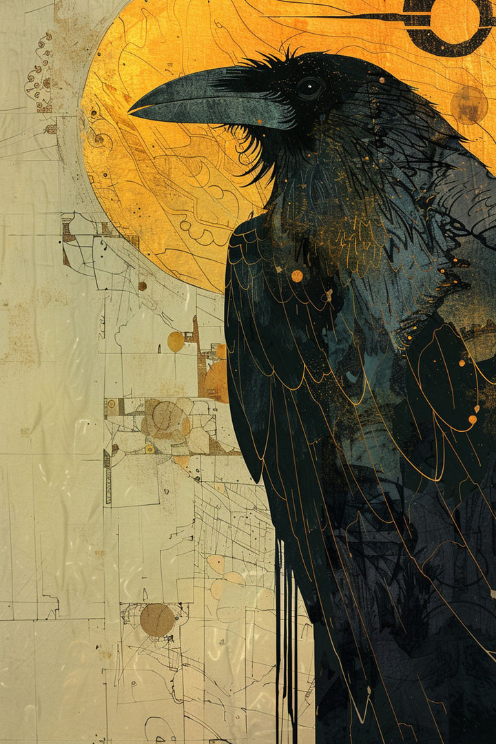 Wadi Home Mysterious Raven With Golden Sun wall art, featuring a detailed black raven against a textured golden sun.