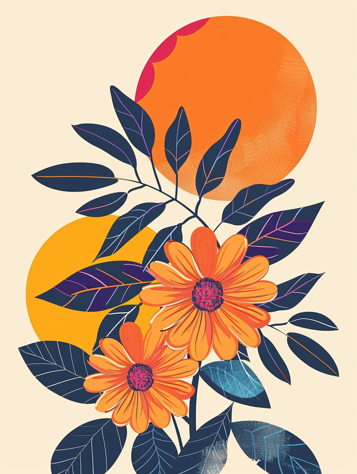 Wadi Home Abstract Floral Sunburst Wall Art with orange daisies, navy foliage, and sunburst circles on a cream background.