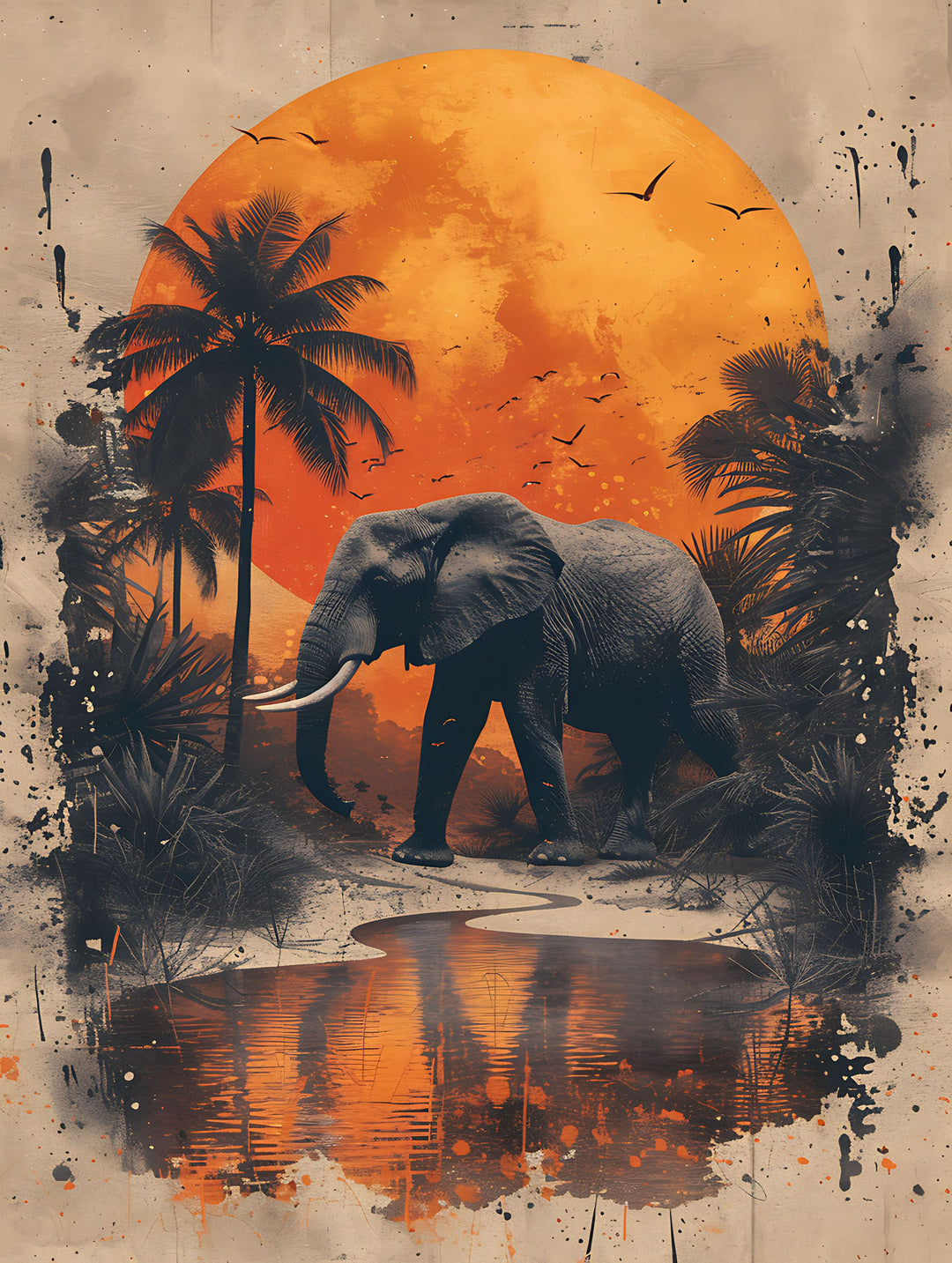 Wadi Home African Elephant Sunset Jungle Wall Art featuring a majestic elephant silhouetted against a vibrant orange sunset with palm trees.