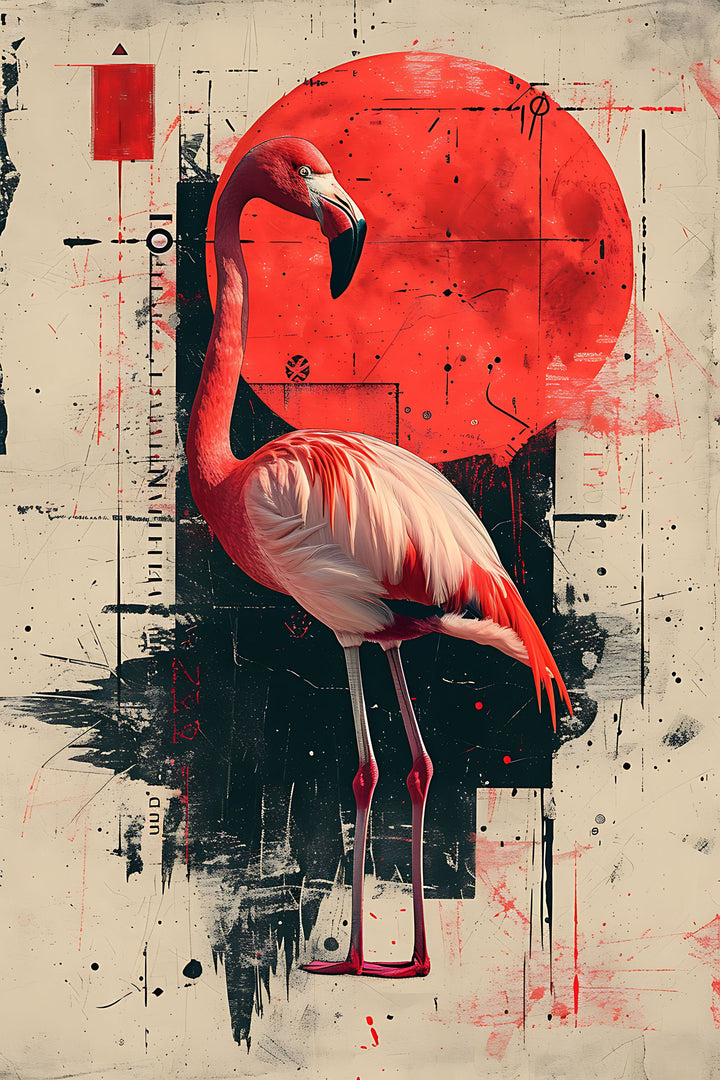 Wadi Home abstract flamingo art print with red, black, and cream colors. Features a flamingo against a red sun and geometric shapes.