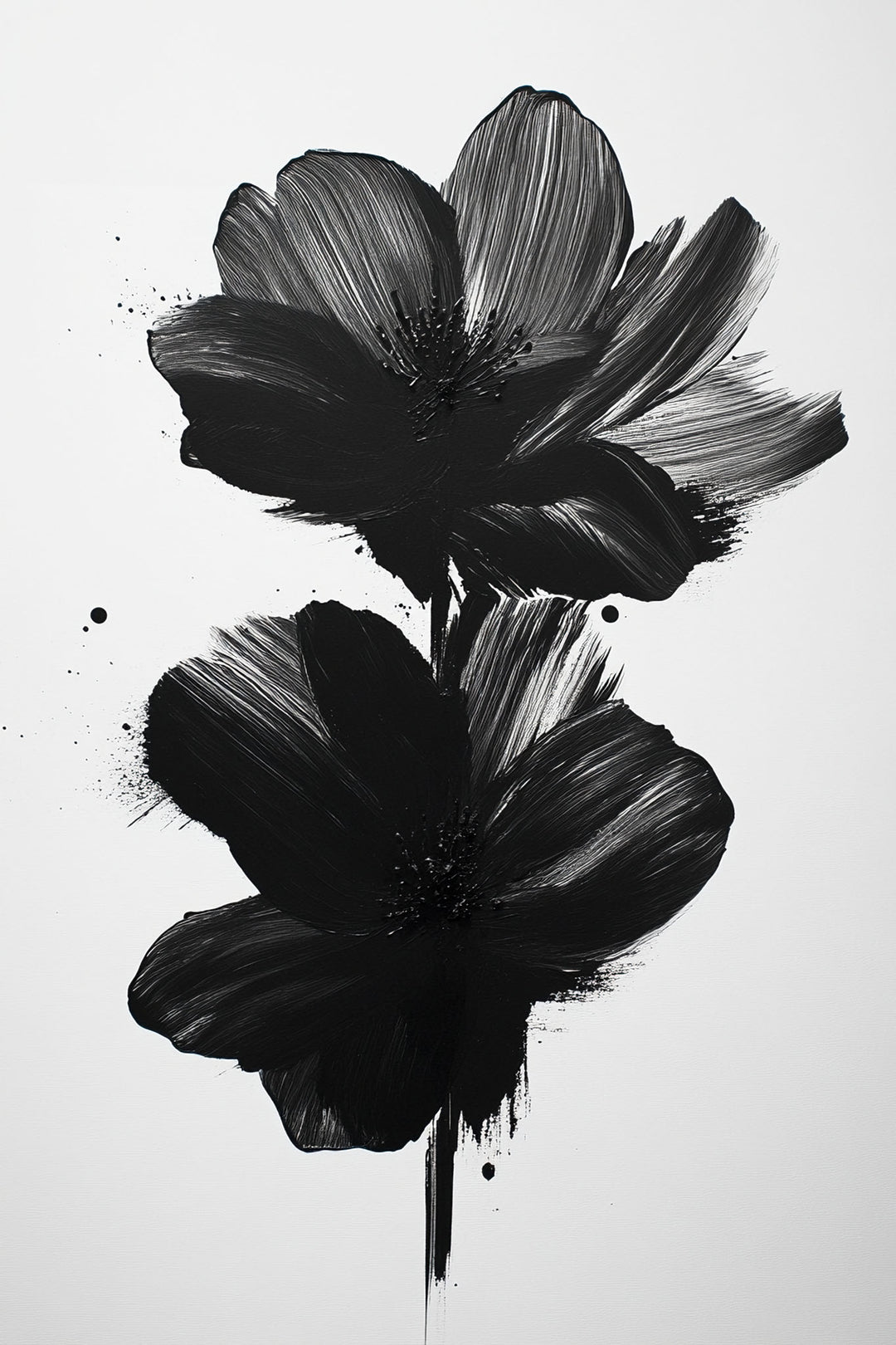 Wadi Home abstract floral wall art with bold black brushstrokes on white background, modern minimalist design.