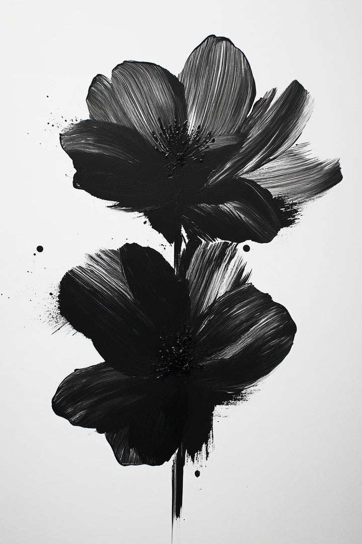 Wadi Home abstract floral wall art with bold black brushstrokes on white background, modern minimalist design.