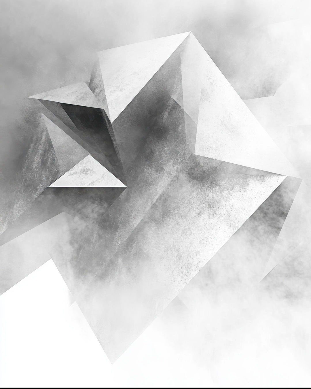 Wadi Home abstract geometric crystal wall art in monochrome with sharp angles and smoky textures.