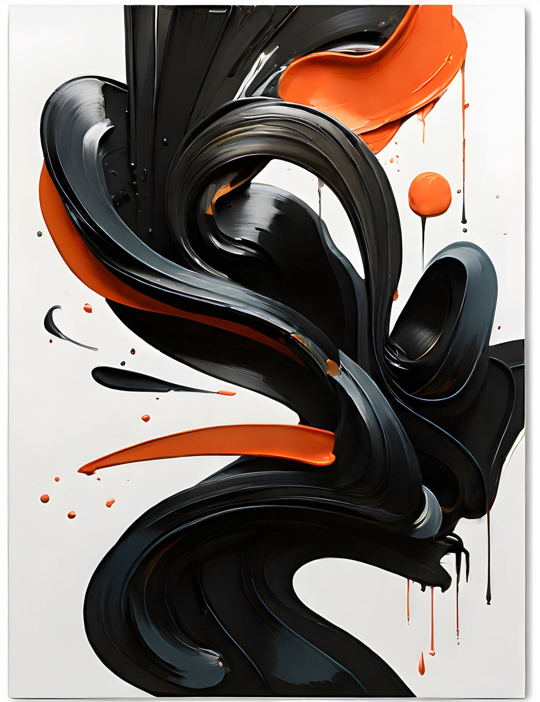 Wadi Home abstract wall art with glossy black and orange swirls, modern design.
