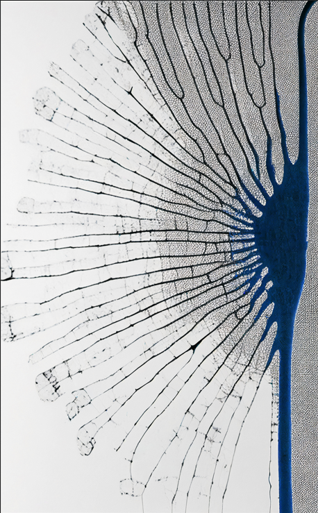 Wadi Home abstract dandelion artwork in black, white, and blue, featuring a delicate seed head design.