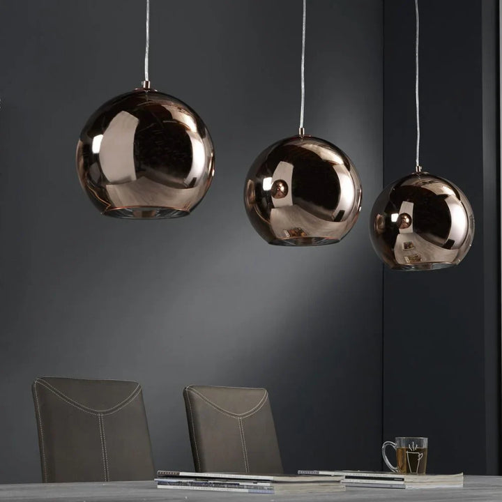 Contemporary Copper Globe Pendant Light Trio