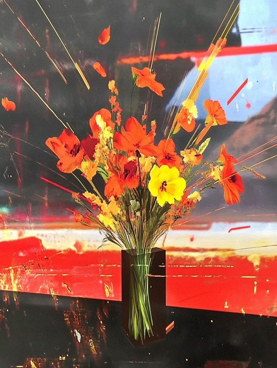 Wadi Home abstract floral arrangement wall art with vibrant red, orange, and yellow flowers in a glass vase.
