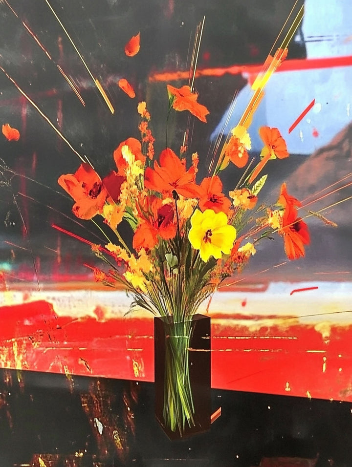 Wadi Home abstract floral arrangement wall art with vibrant red, orange, and yellow flowers in a glass vase.