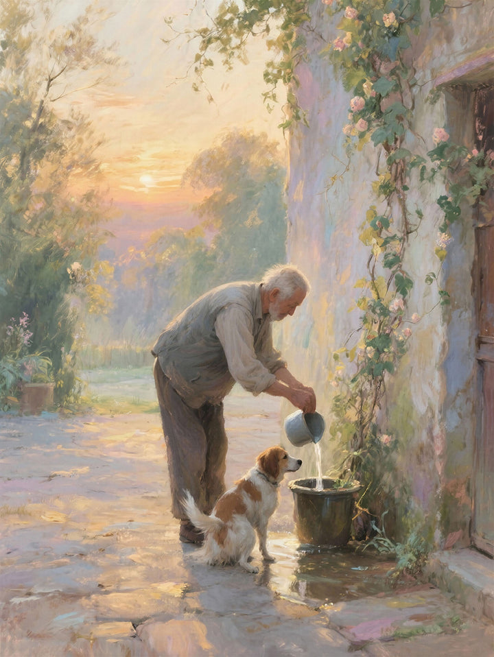 Wadi Home painting of an old man watering his dog at sunset on a cobblestone path with ivy-covered walls.