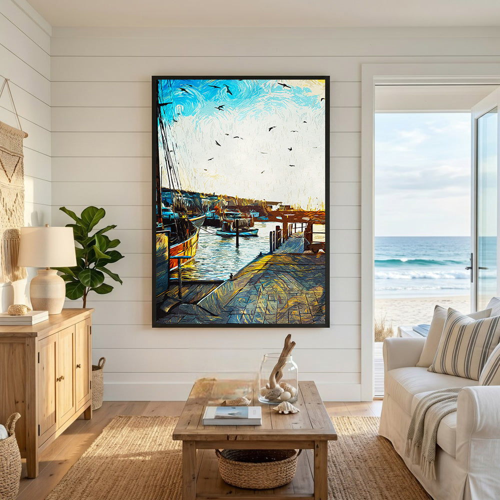 Wadi Home Coastal Harbor Scene Wall Art featuring boats docked in a sunlit harbor with blue sky and water. Impressionistic style.