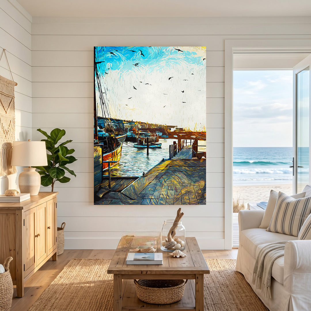 Wadi Home Coastal Harbor Scene Wall Art featuring boats docked in a sunlit harbor with blue sky and water.