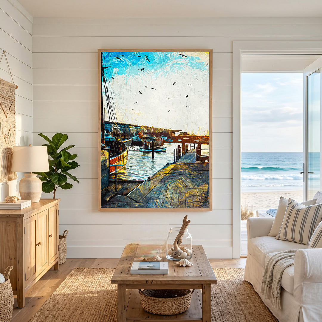 Wadi Home Coastal Harbor Scene Wall Art featuring boats docked in a sunlit harbor with blue sky and water.