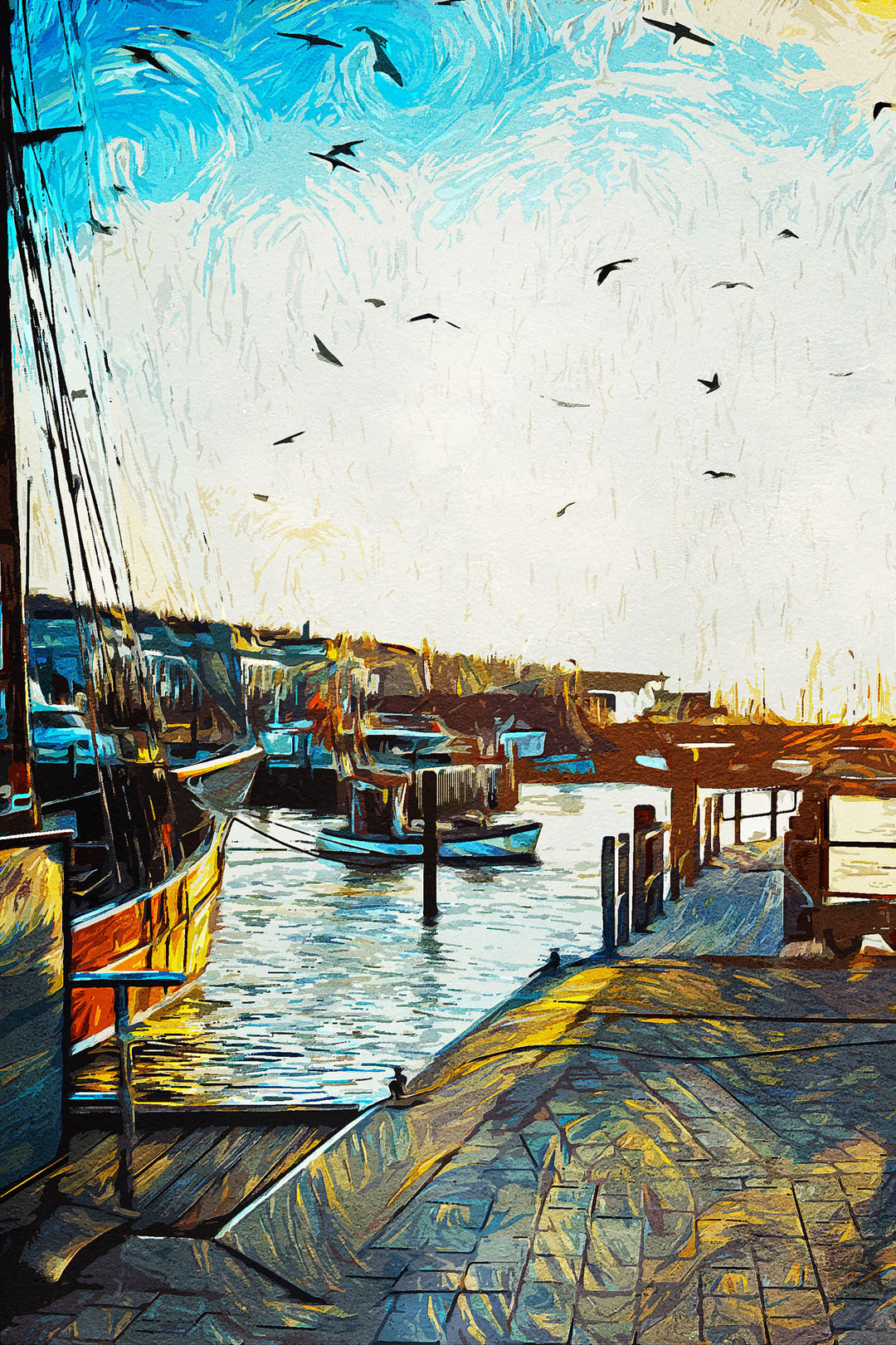 Wadi Home Coastal Harbor Scene Wall Art featuring boats docked in a sunlit harbor with blue sky and water.