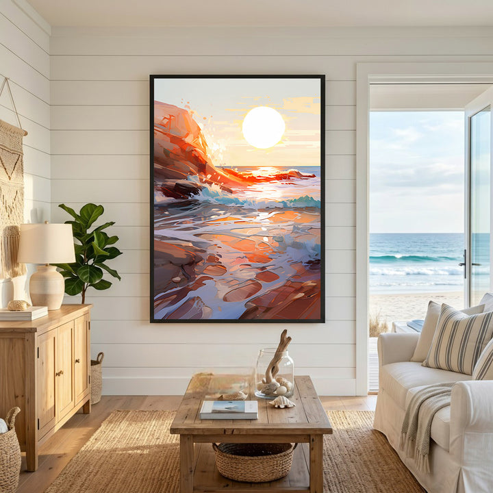 Wadi Home coastal sunset artwork with orange, yellow, and blue hues over a rocky shoreline and crashing waves.